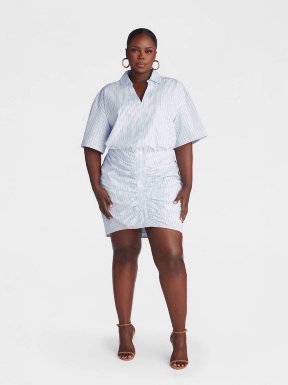 KBB by Kahlana Blue Striped Ruched Shirt Dress NWOT